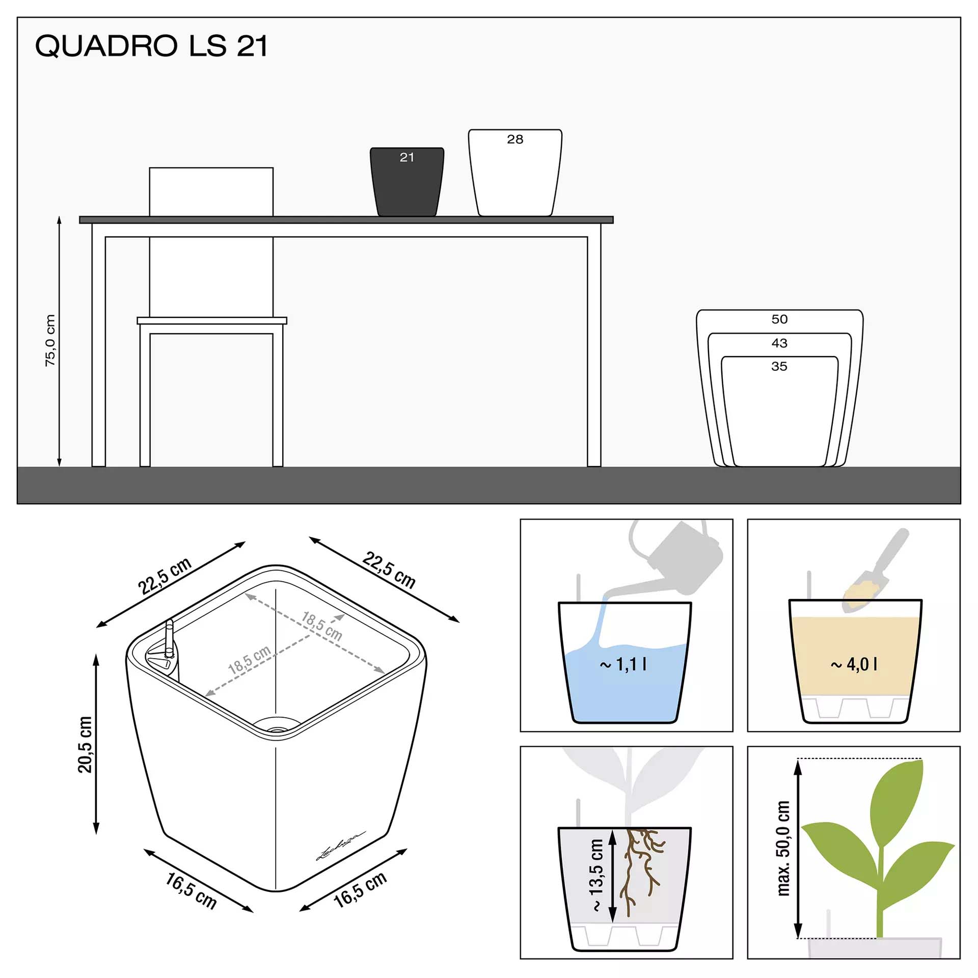 Кашпо Lechuza quadro ls 21см белый блестящий с автополивом Вид№4