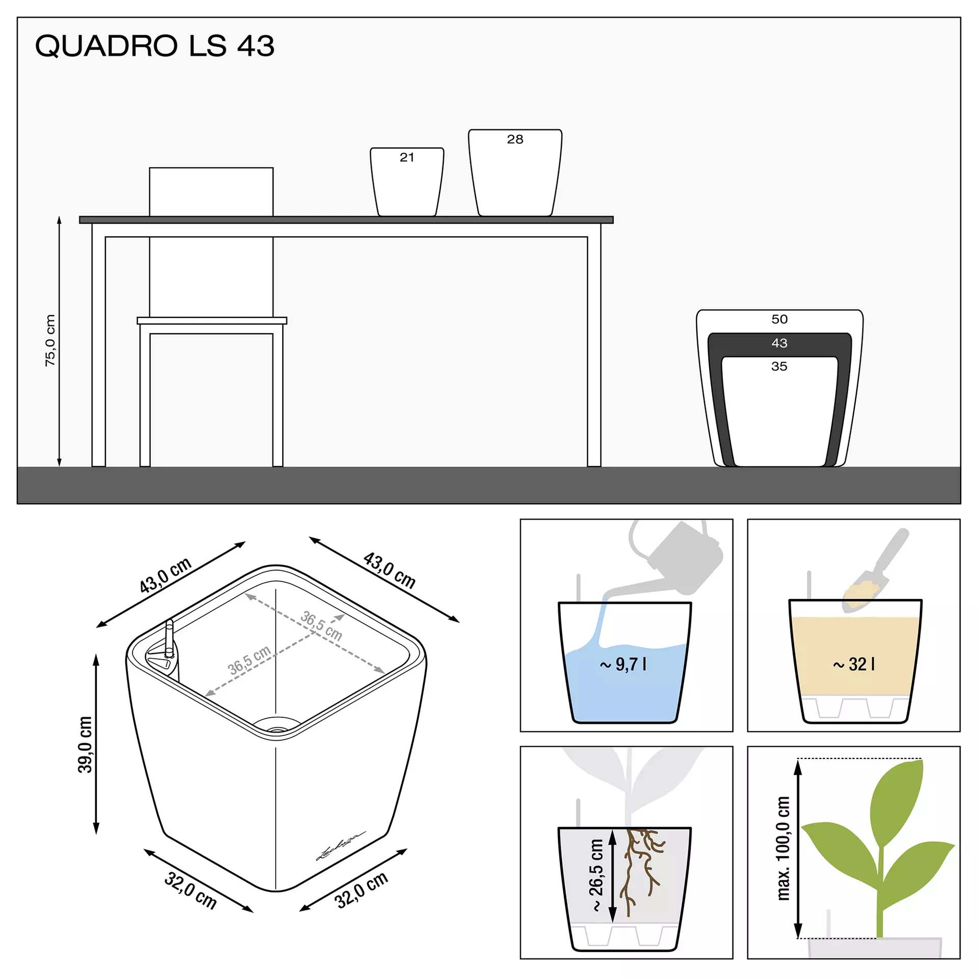 Кашпо Lechuza quadro ls 43см белый блестящий с автополивом Вид№4