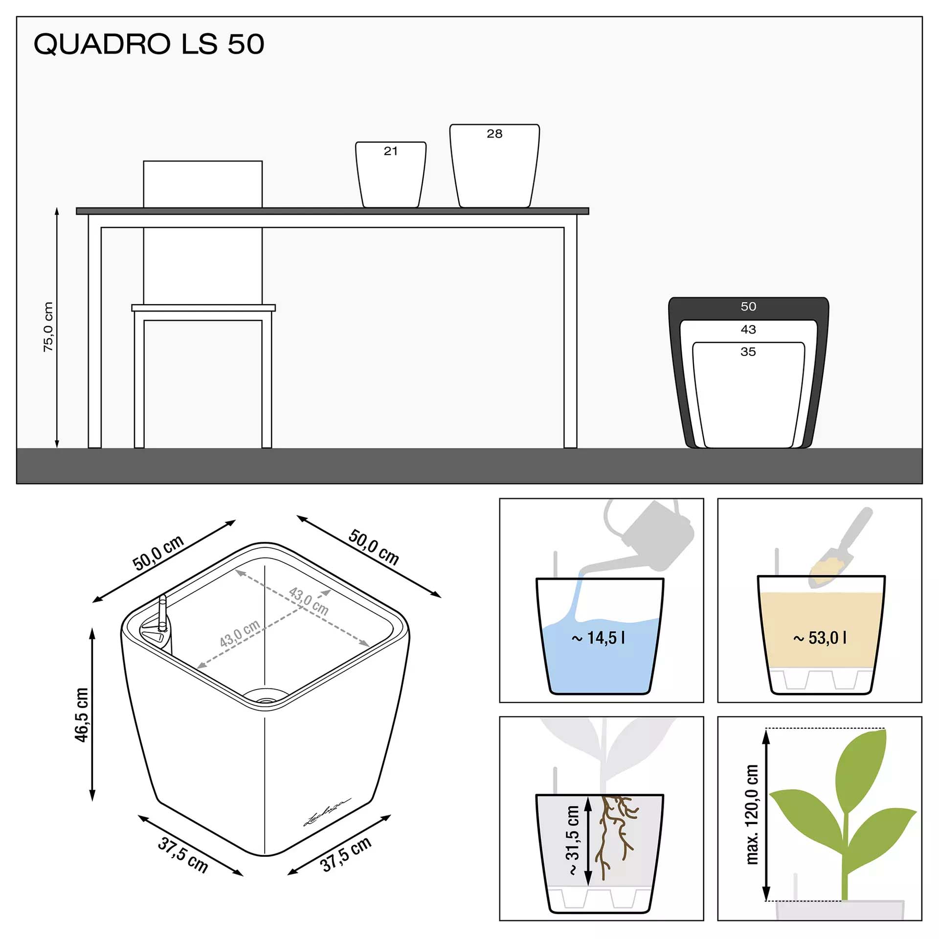 фото Кашпо lechuza quadro ls 50см белый блестящий с автополивом