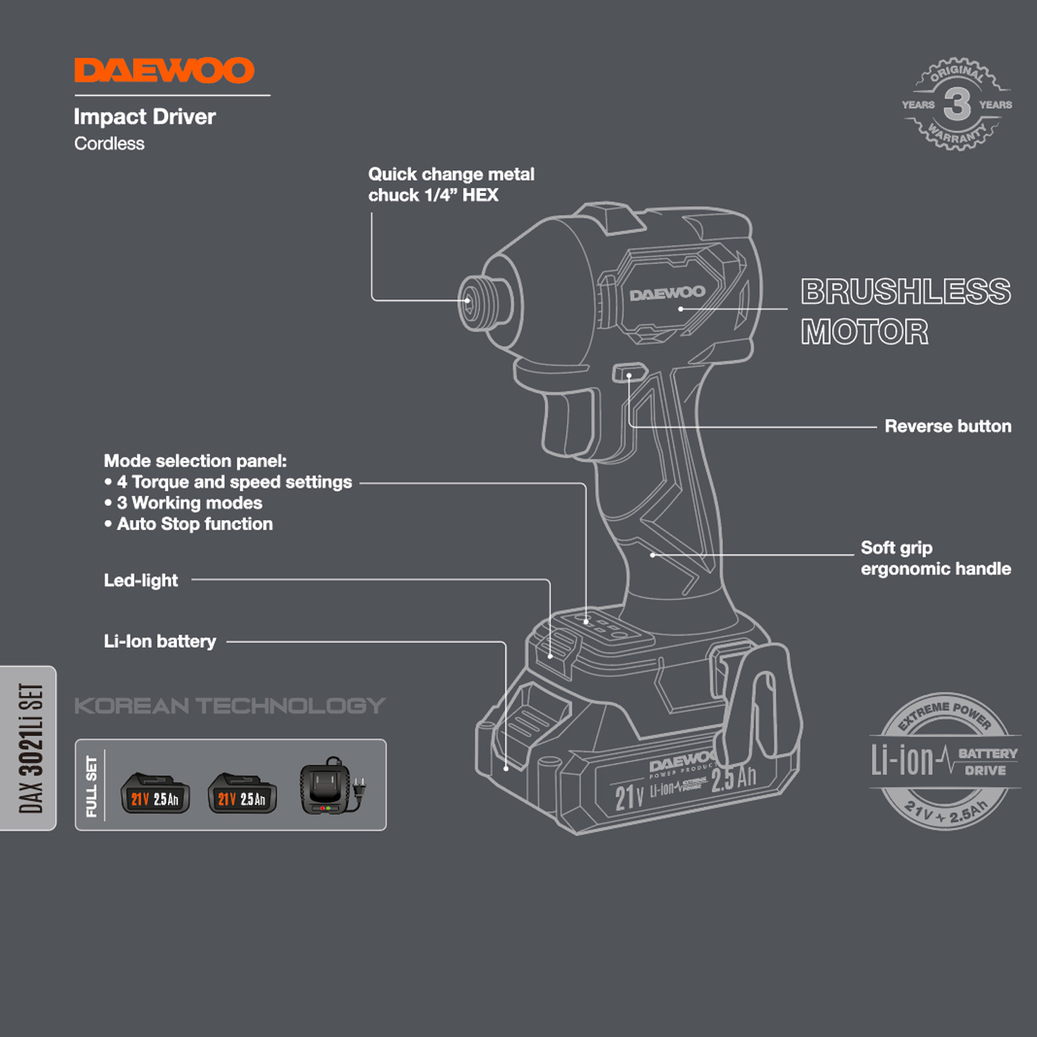 Винтоверт ударный аккумуляторный DAEWOO DAX 3021LI SET