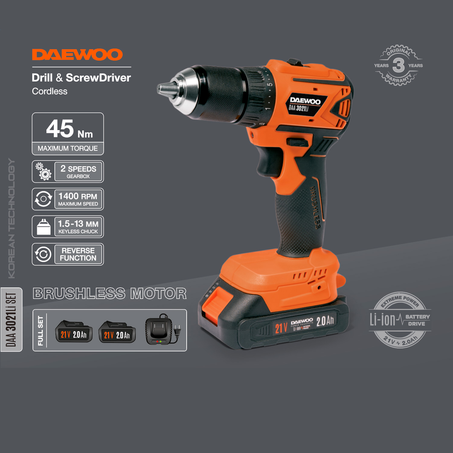 Дрель-шуруповерт аккумуляторная DAEWOO DAA 3021LI SET