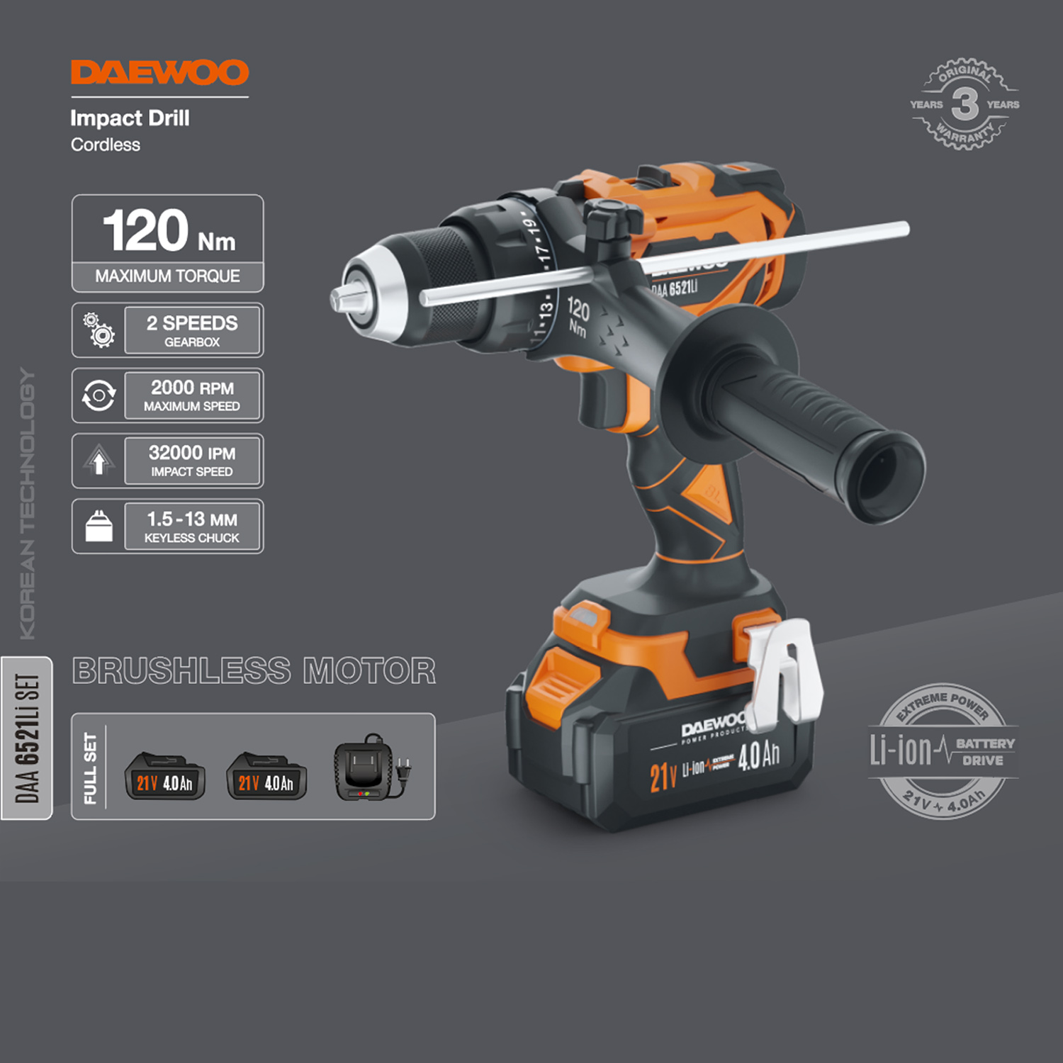 Дрель-шуруповерт аккумуляторная DAEWOO DAA 6521LI SET