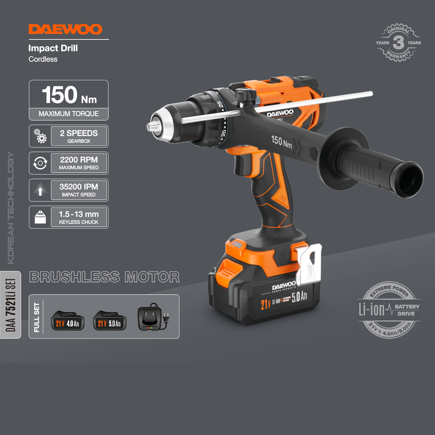 Дрель-шуруповерт аккумуляторная DAEWOO DAA 7521LI SET