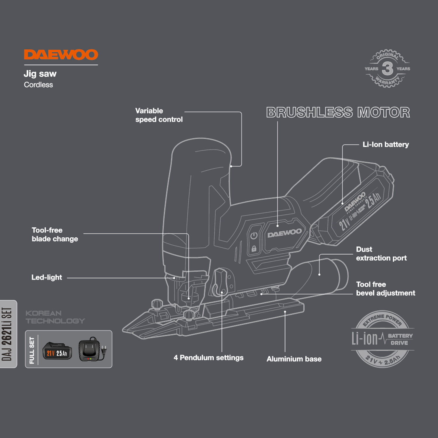 Лобзик аккумуляторный DAEWOO DAJ 2621LI SET