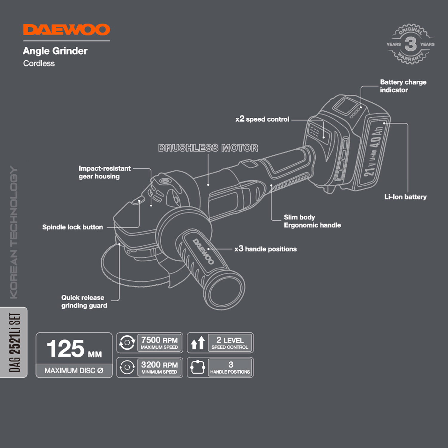 Машина углошлифовальная аккумуляторная DAEWOO DAG 2521LI SET