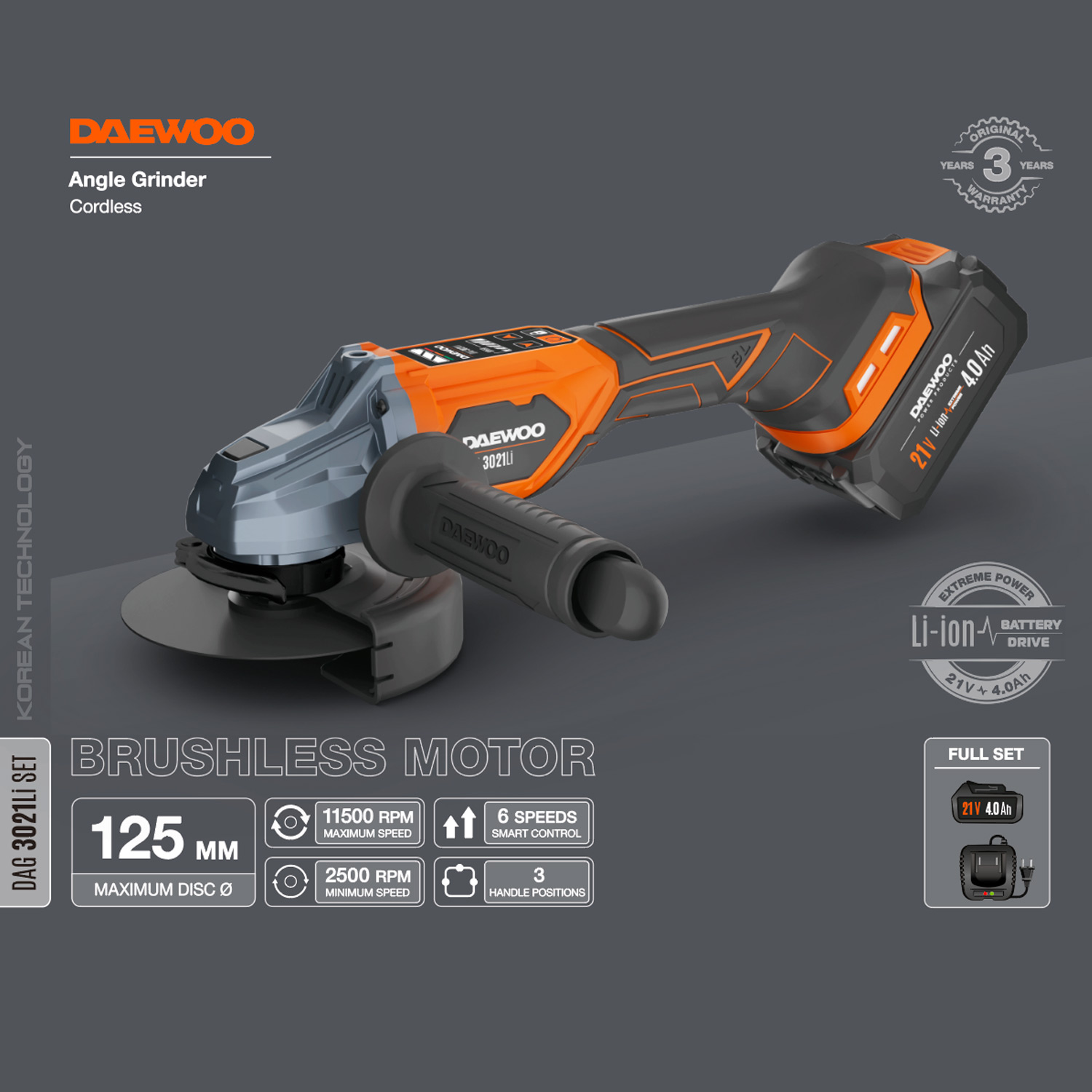 Машина углошлифовальная аккумуляторная DAEWOO DAG 3021LI SET