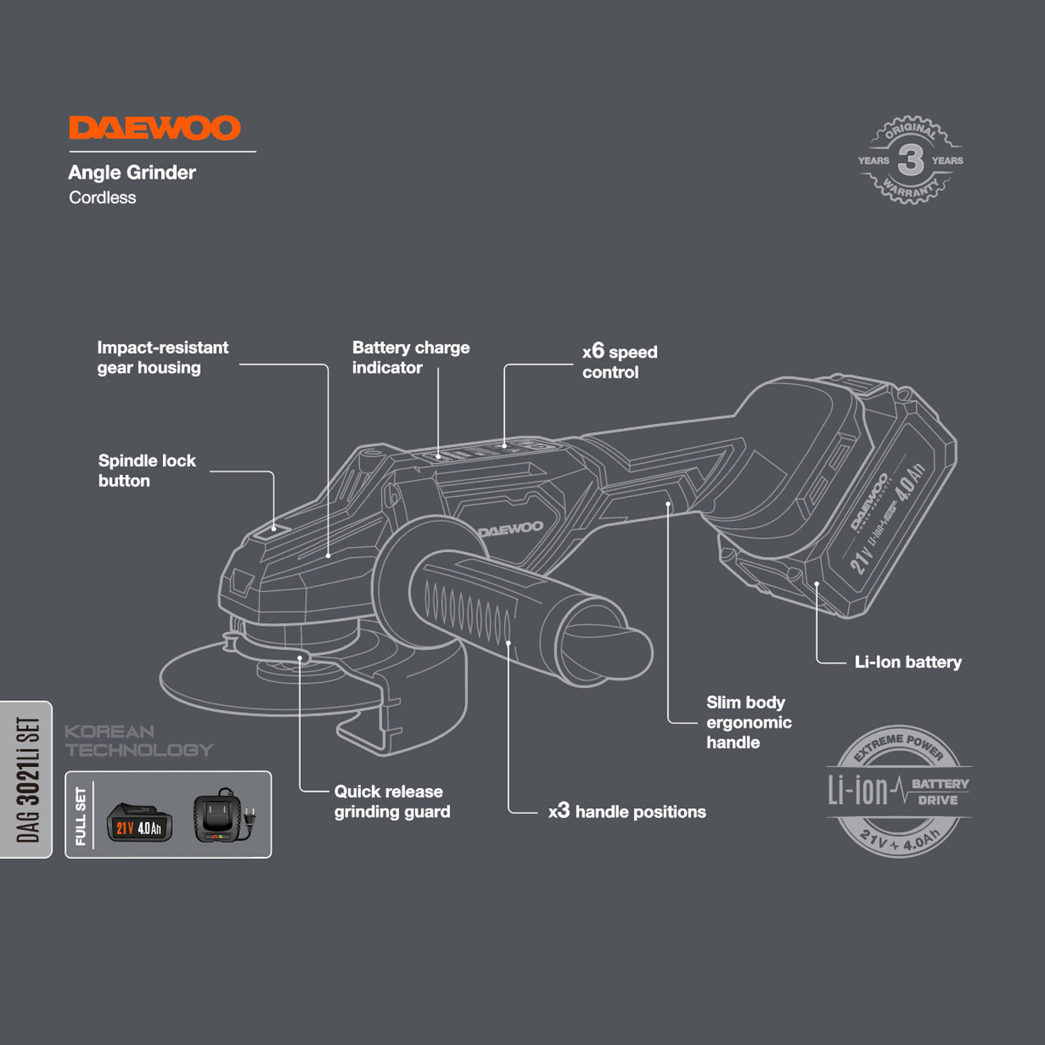 Машина углошлифовальная аккумуляторная DAEWOO DAG 3021LI SET