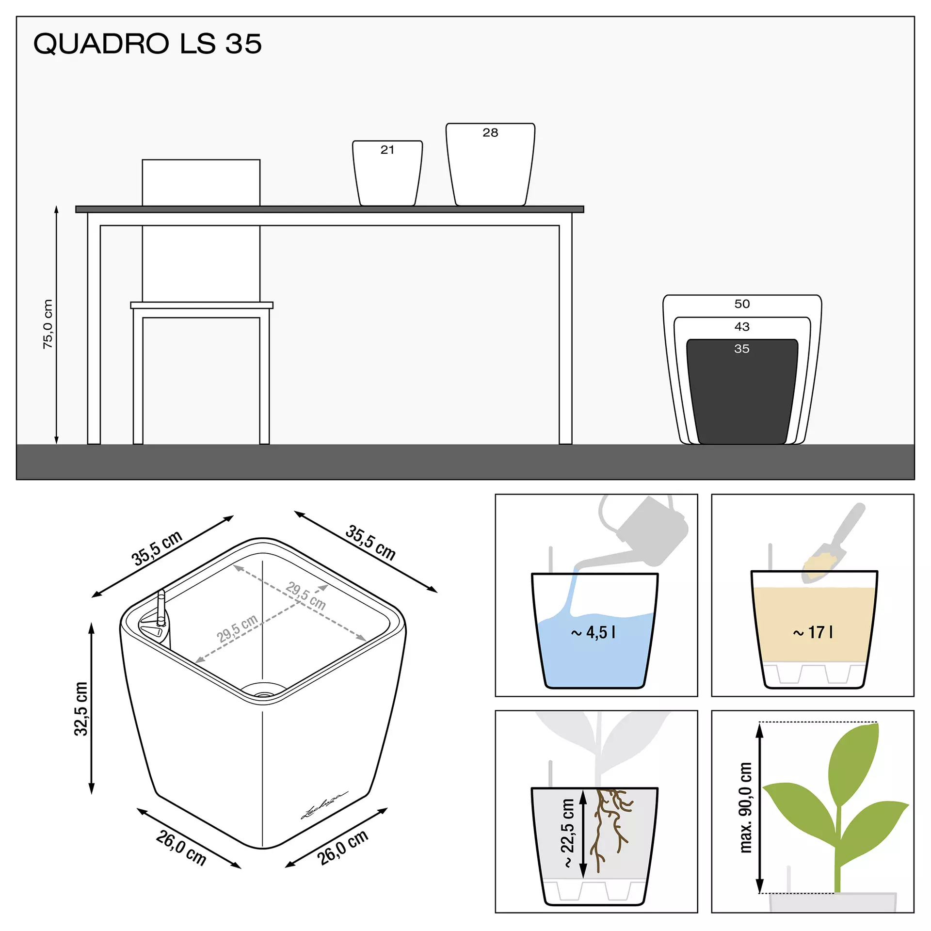 Кашпо Lechuza quadro ls 35см белый блестящий с автополивом Вид№4