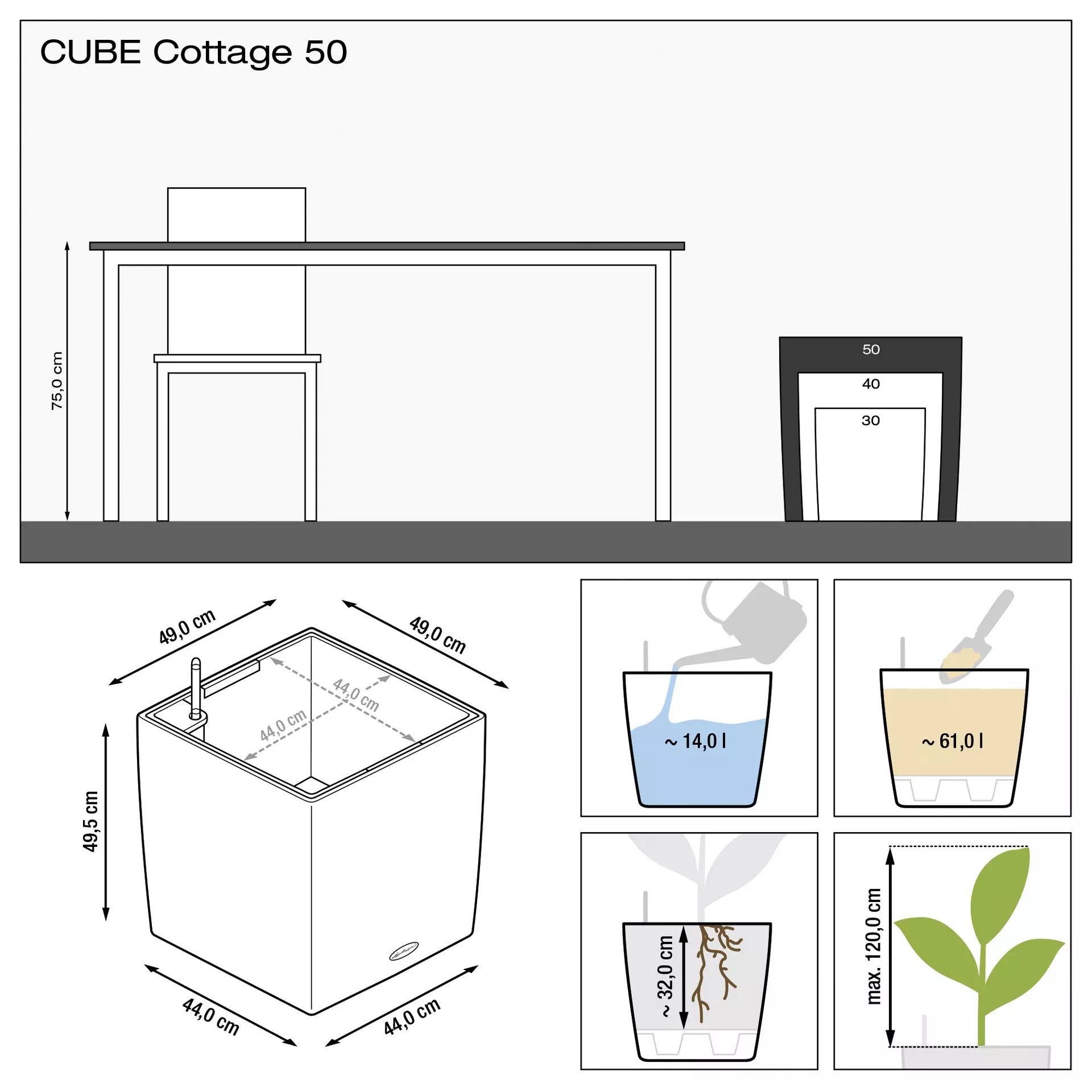 Кашпо Lechuza cube cottage 50см серый с автополивом Вид№3