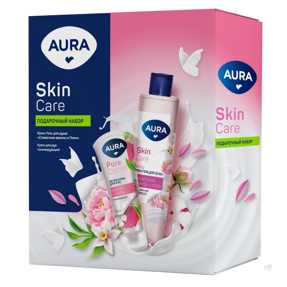 Набор подарочный Aura Skin Care гель для душа сливочная ваниль и пион 250 мл, крем для рук тонизирующий 75 мл