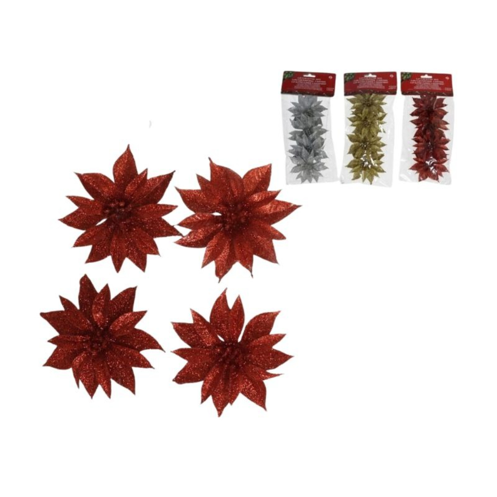 

Набор ёлочных игрушек Gerimport Ny цветок на клипсе 4 шт, Серебристый;золотистый;красный