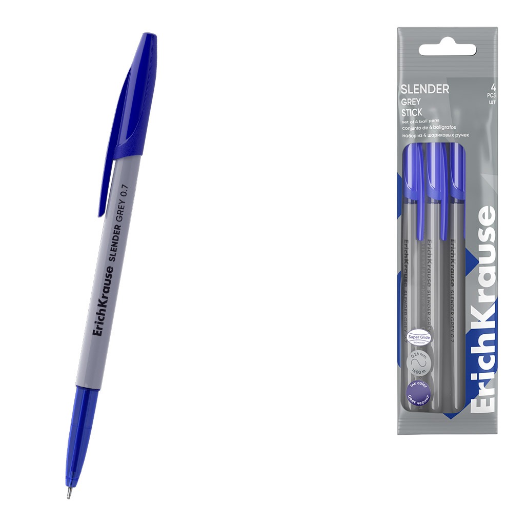 Набор шариковых ручек Erich Krause Slender Stick Grey Super Glide Technology цвет чернил синий 4 шт 129₽
