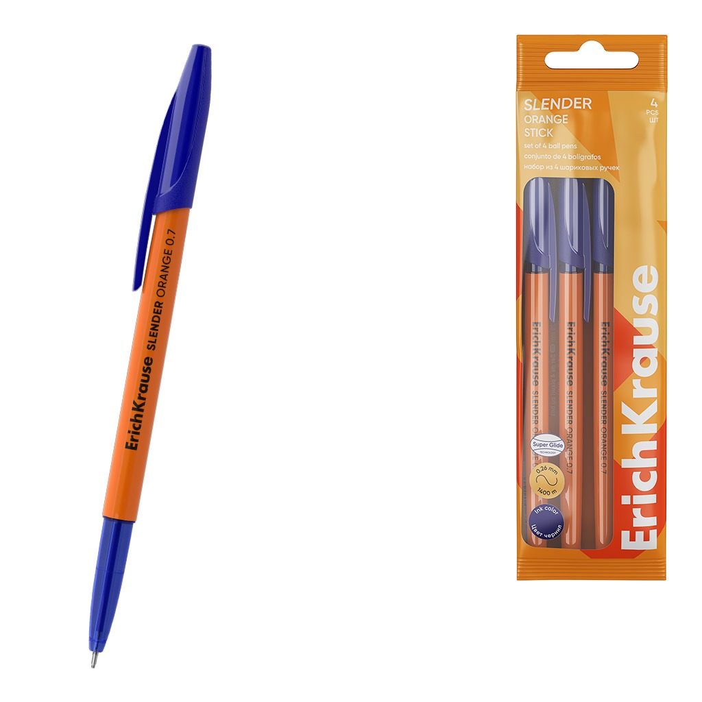 Набор шариковых ручек Erich Krause Slender Stick Orange Super Glide Technology цвет чернил синий 4 шт 129₽