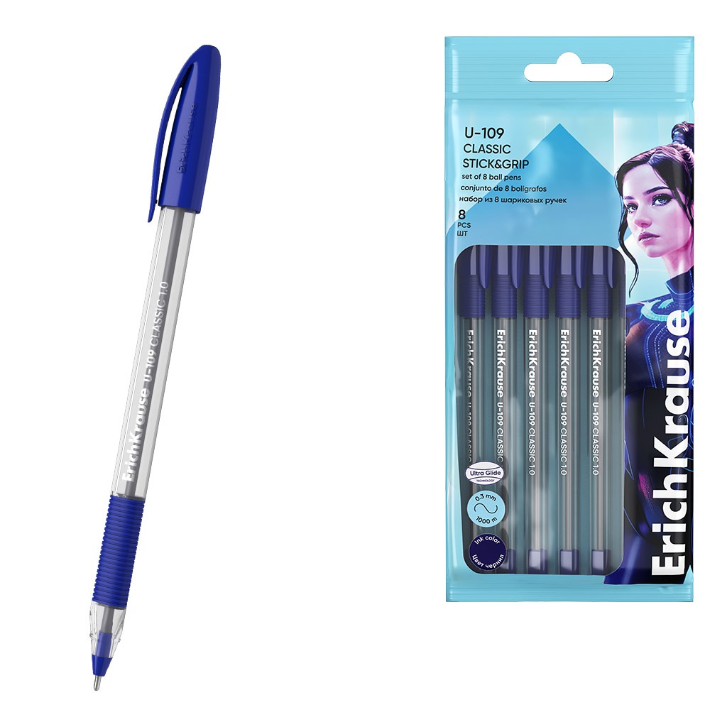 Набор шариковых ручек Erich Krause U-109 Stick Grip Classic Ultra Glide Technology цвет чернил синий 8 шт 499₽