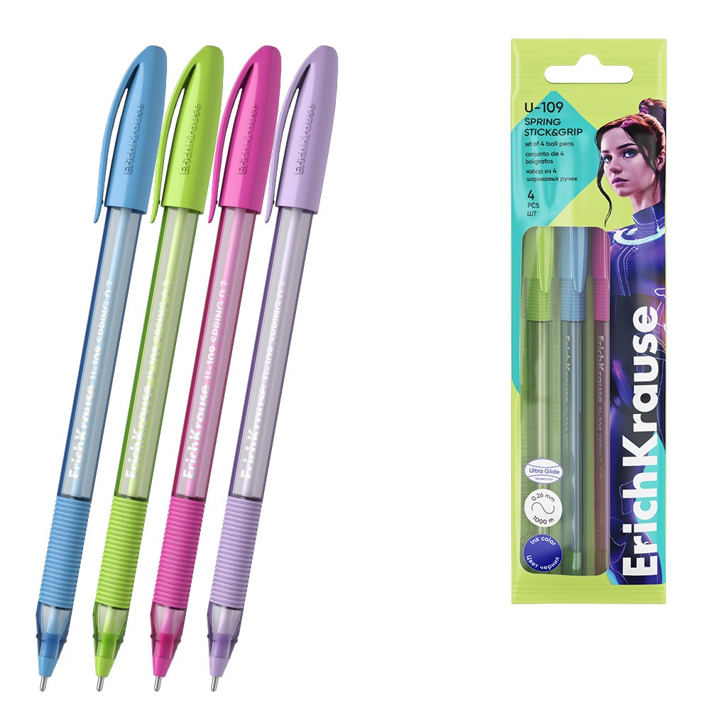 Набор шариковых ручек Erich Krause U-109 Stick Grip Spring 07 Ultra Glide Technology цвет чернил синий 4 шт 289₽