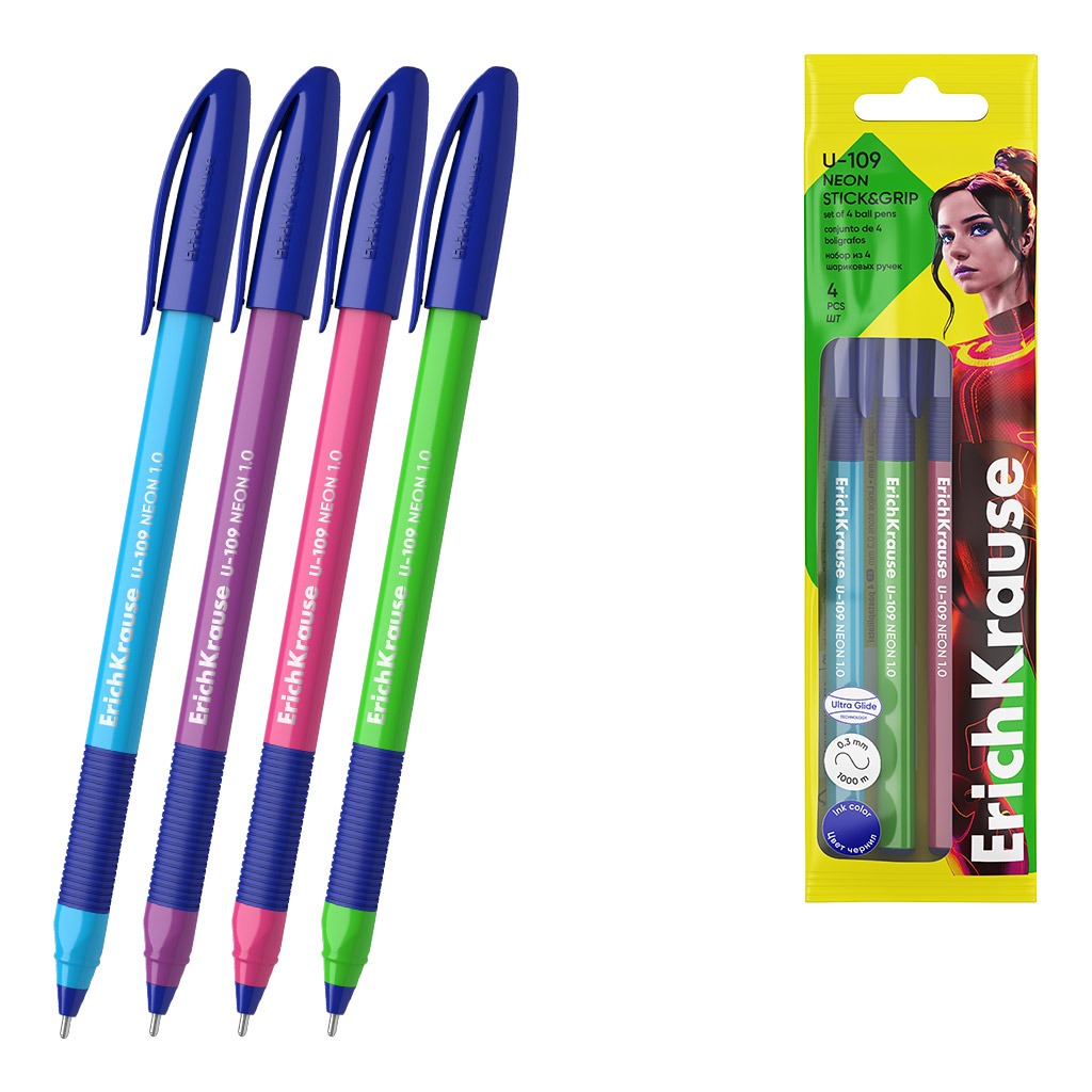 Набор шариковых ручек Erich Krause U-109 Stick Grip Neon 10 Ultra Glide Technology цвет чернил синий 4 шт 289₽