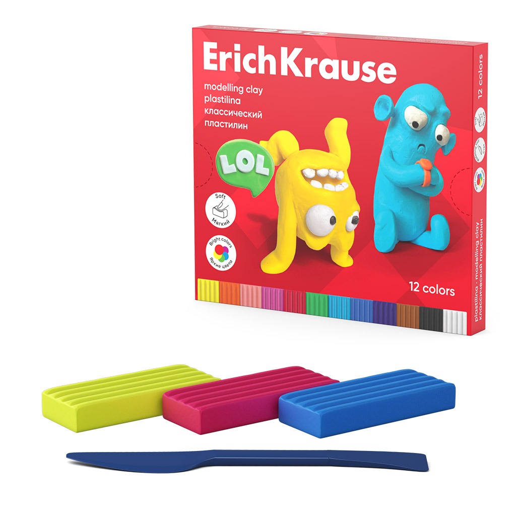 Пластилин классический Erich Krause Jolly Friends 12 цветов со стеком 216 г 259₽