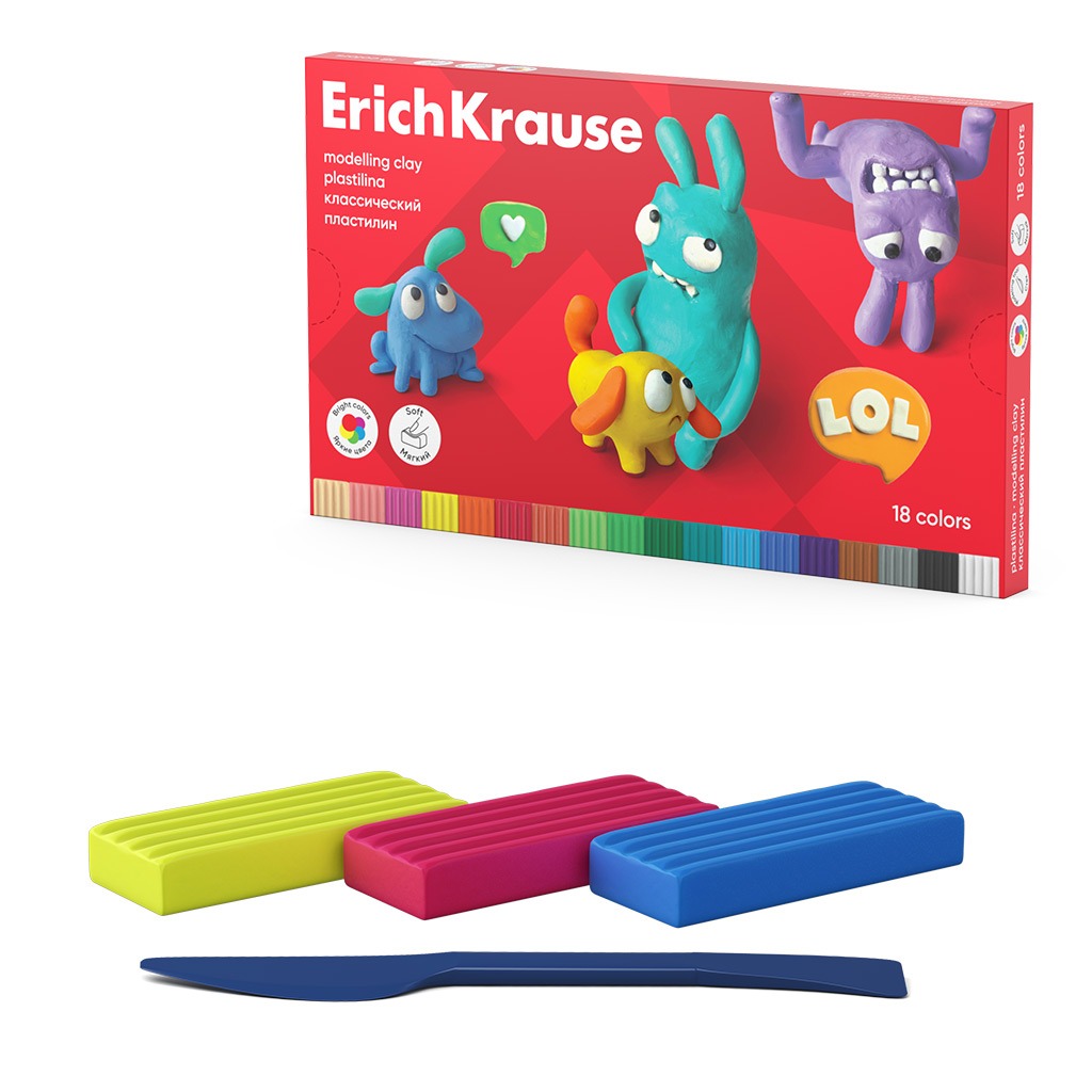 Пластилин классический Erich Krause Jolly Friends 18 цветов со стеком 324 г 389₽