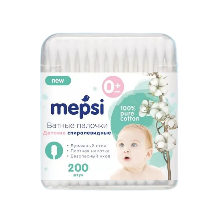 Детские ватные палочки Mepsi спиралевидная намотка 200 шт 179₽