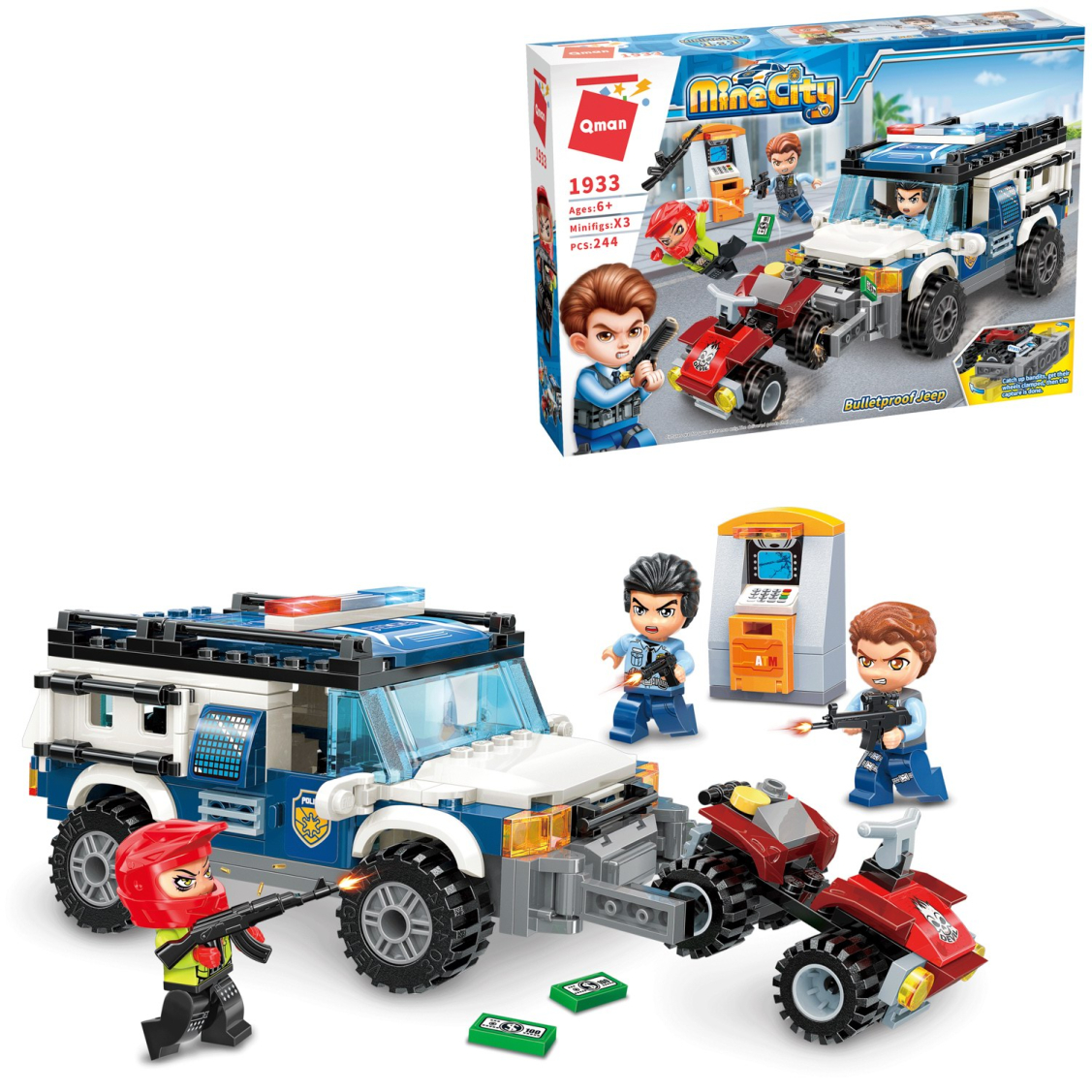 Конструктор Qman MineCity Полицейский джип догоняет преступника на квадроцикле 244 детали 1499₽