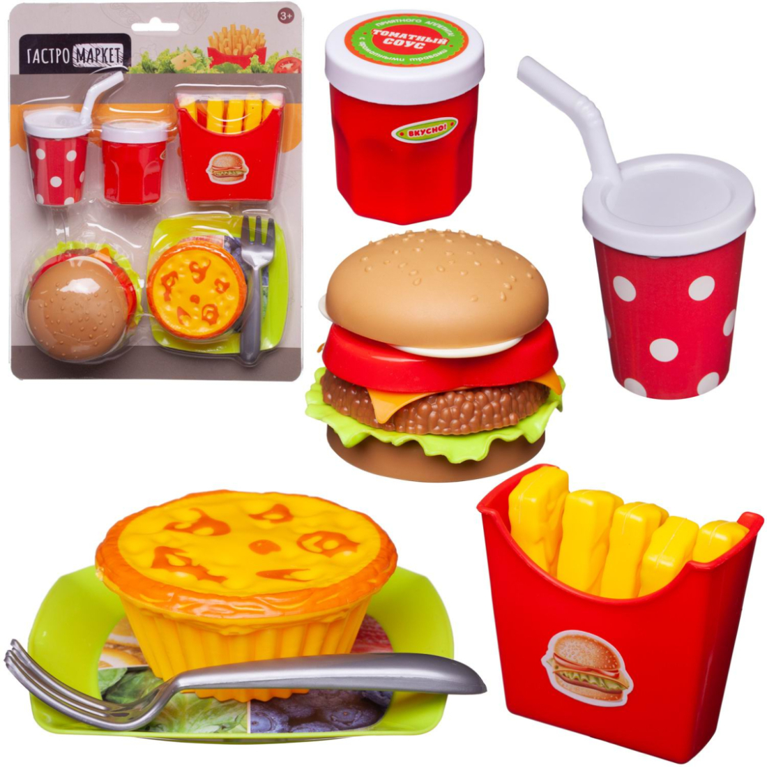 Игровой набор Abtoys Гастромаркет Набор продуктов бутерброд картошка 2 напитка маффин тарелка вилка 279₽