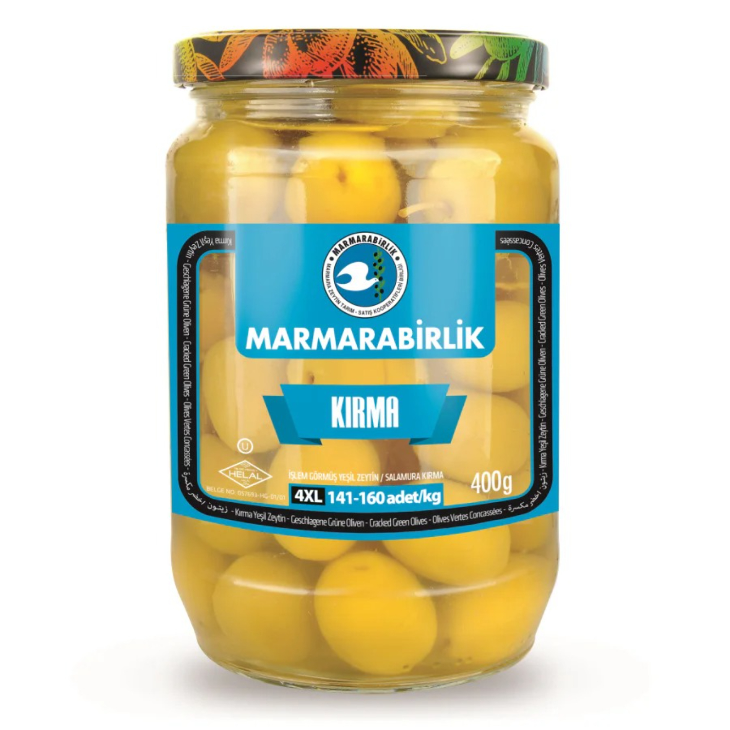 Оливки Marmarabirlik зелёные ломаные с косточкой в рассоле 4xl, стеклянна банка, 400 г