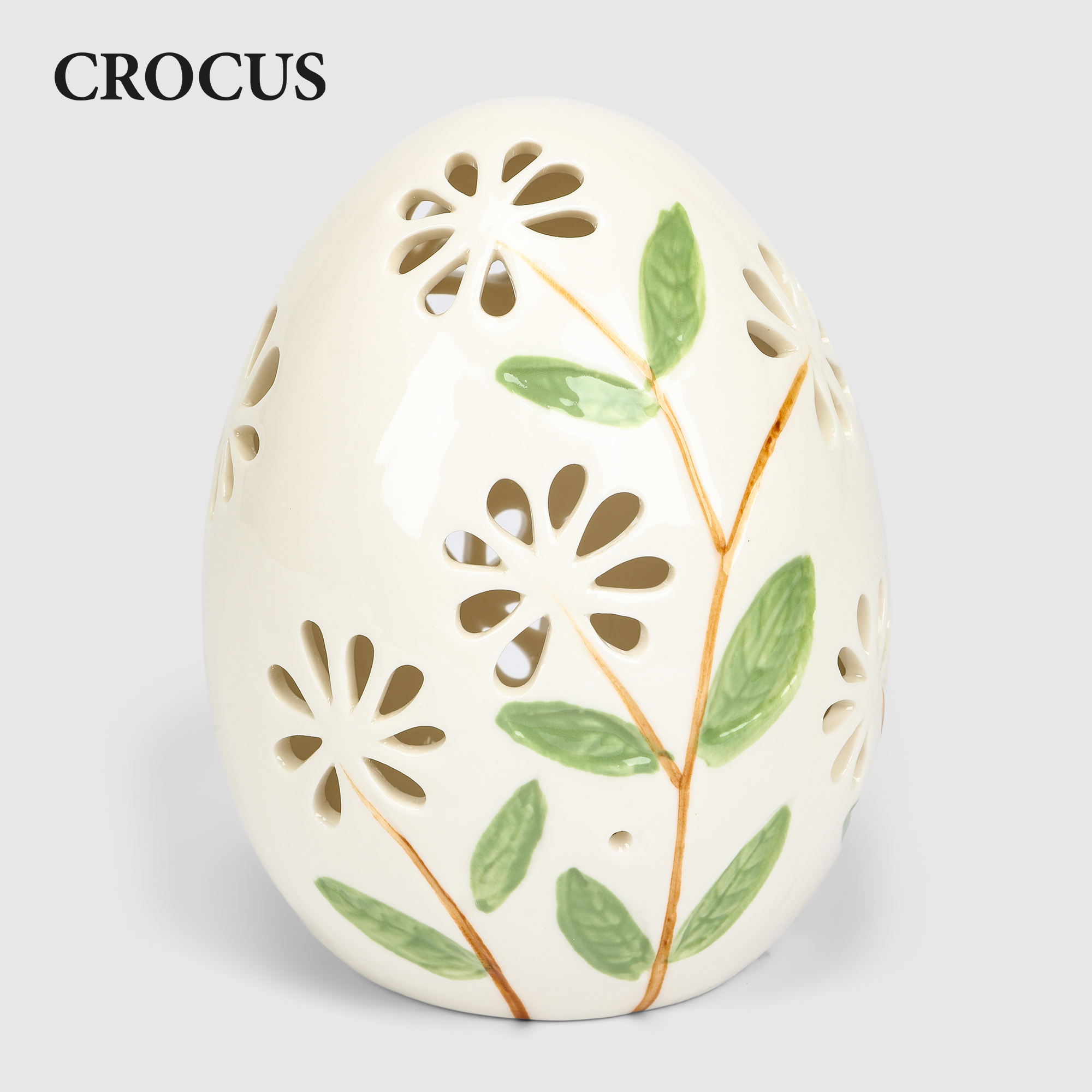 Яйцо фарфоровое Crocus белое, цветы с LED 14,8 см