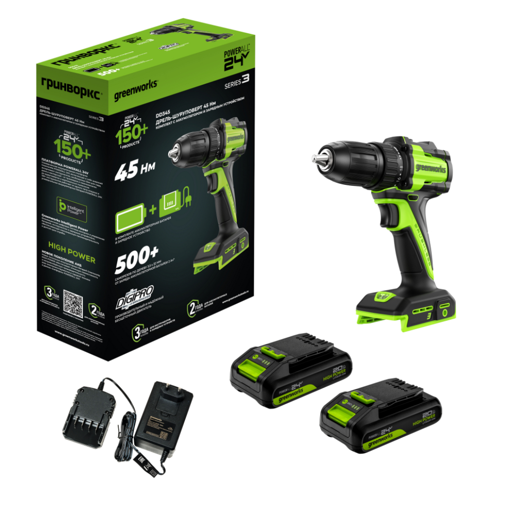 Дрель-шуруповерт аккумуляторная Greenworks DD345 24V бесщеточная 13мм2х2АчЗУ 3708307CUC 11990₽