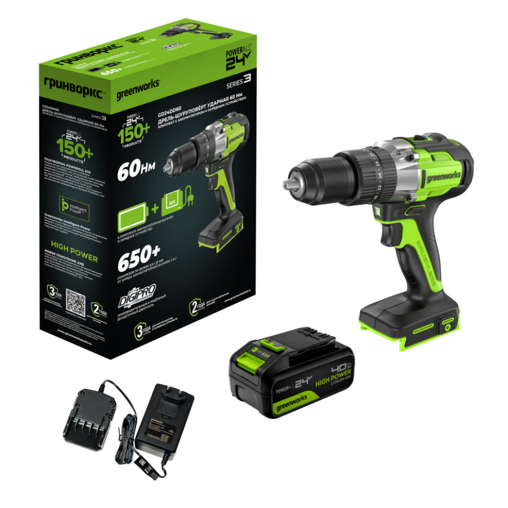 Дрель-шуруповерт ударная аккумуляторная Greenworks GD24DD60 24V бесщеточная 1х4АчЗУ 3704107CUB 12990₽