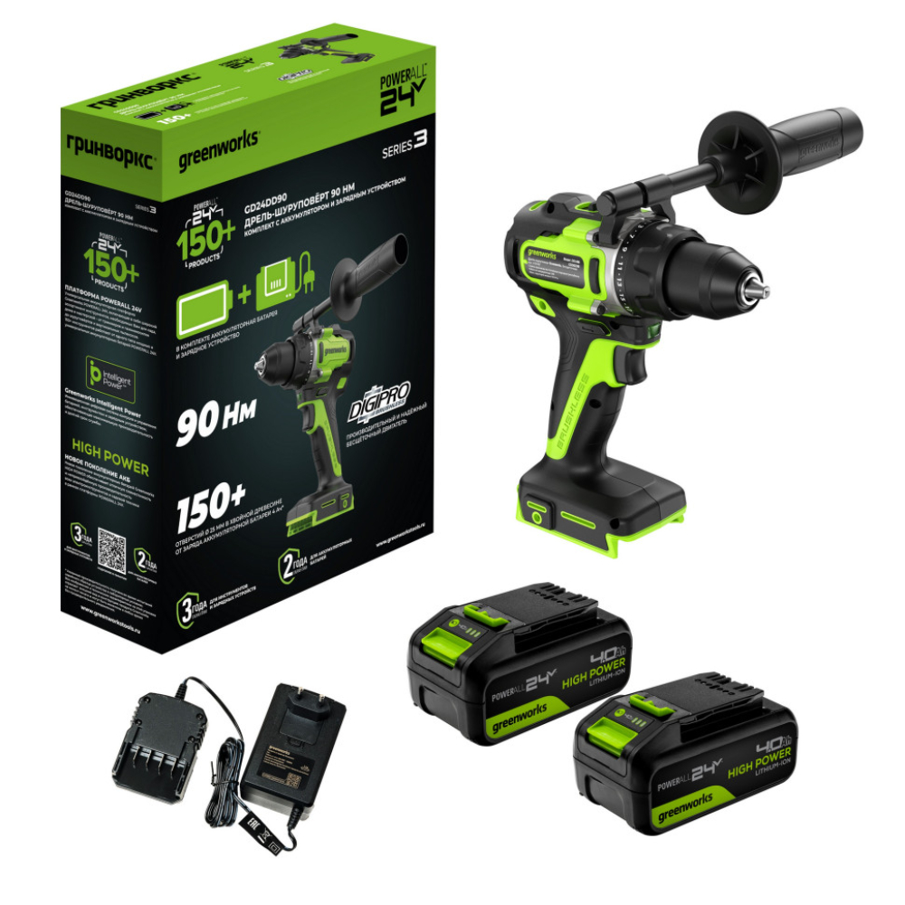 Дрель-шуруповерт аккумуляторная Greenworks GD24DD90 24V бесщеточная 2x4АчЗУ 3707507CUD 19490₽