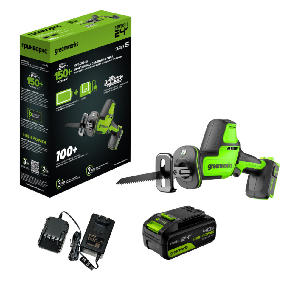 Пила сабельная аккумуляторная Greenworks GPT-CRS-25 24V бесщеточная рез 80 мм дер LED 1х4АчЗУ1200507CUB 12990₽