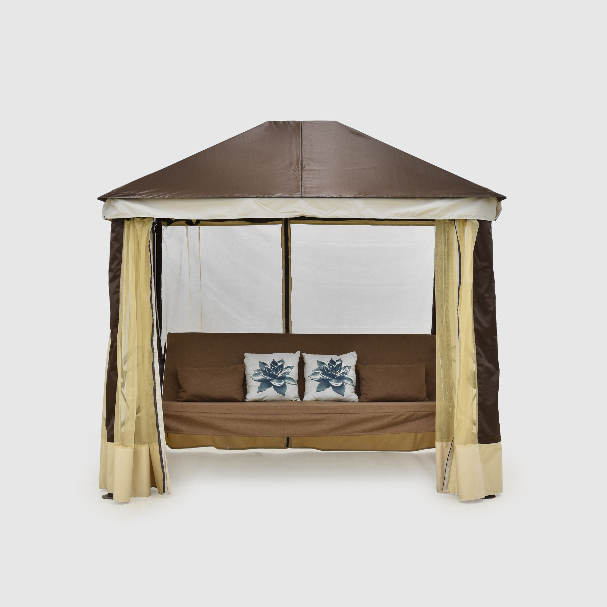 Садовые качели-шатёр МебельСад Сиеста премиум бежевые с шоколадным 255х158х240 см