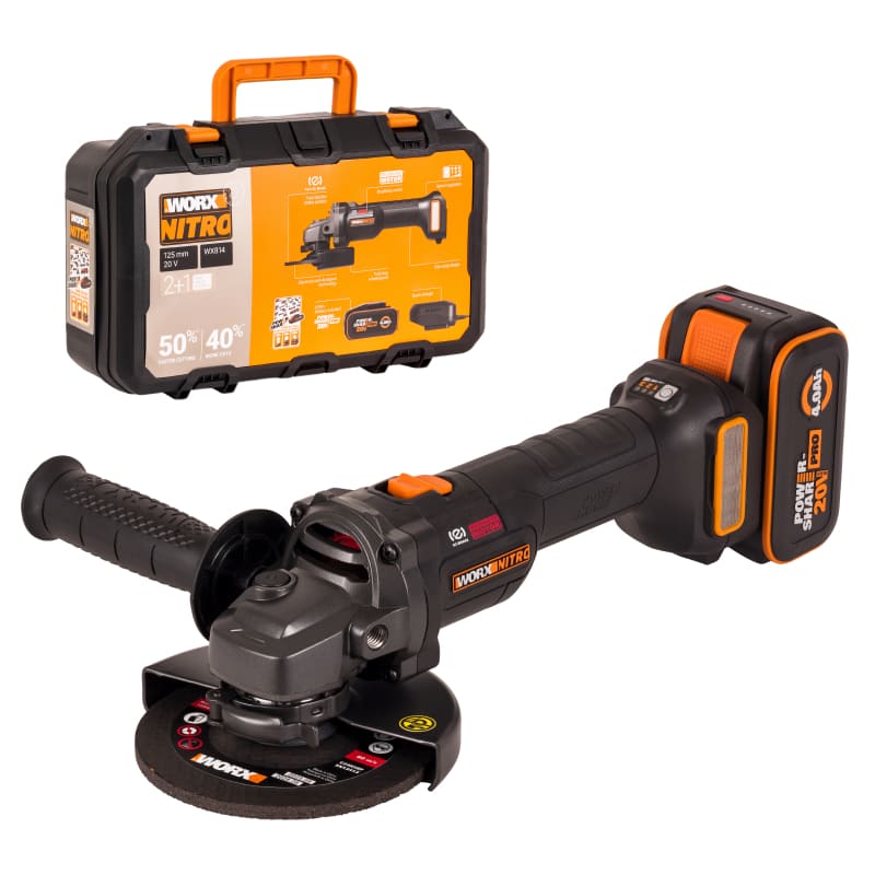 Угловая шлифмашина бесщёточная аккумуляторная Worx WX814, 125мм, 20В, 4Ач х1, ЗУ 2А