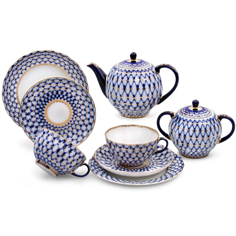 фото Сервиз чайный лфз, форма тюльпан - кобальтовая сетка, 6 персон, 20 предметов