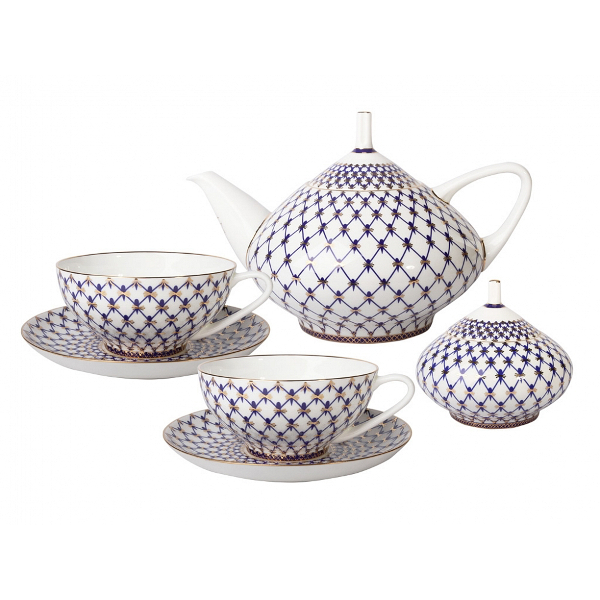 фото Сервиз чайный лфз, форма купольная - кобальтовая сетка, 6 персон, 14 предметов