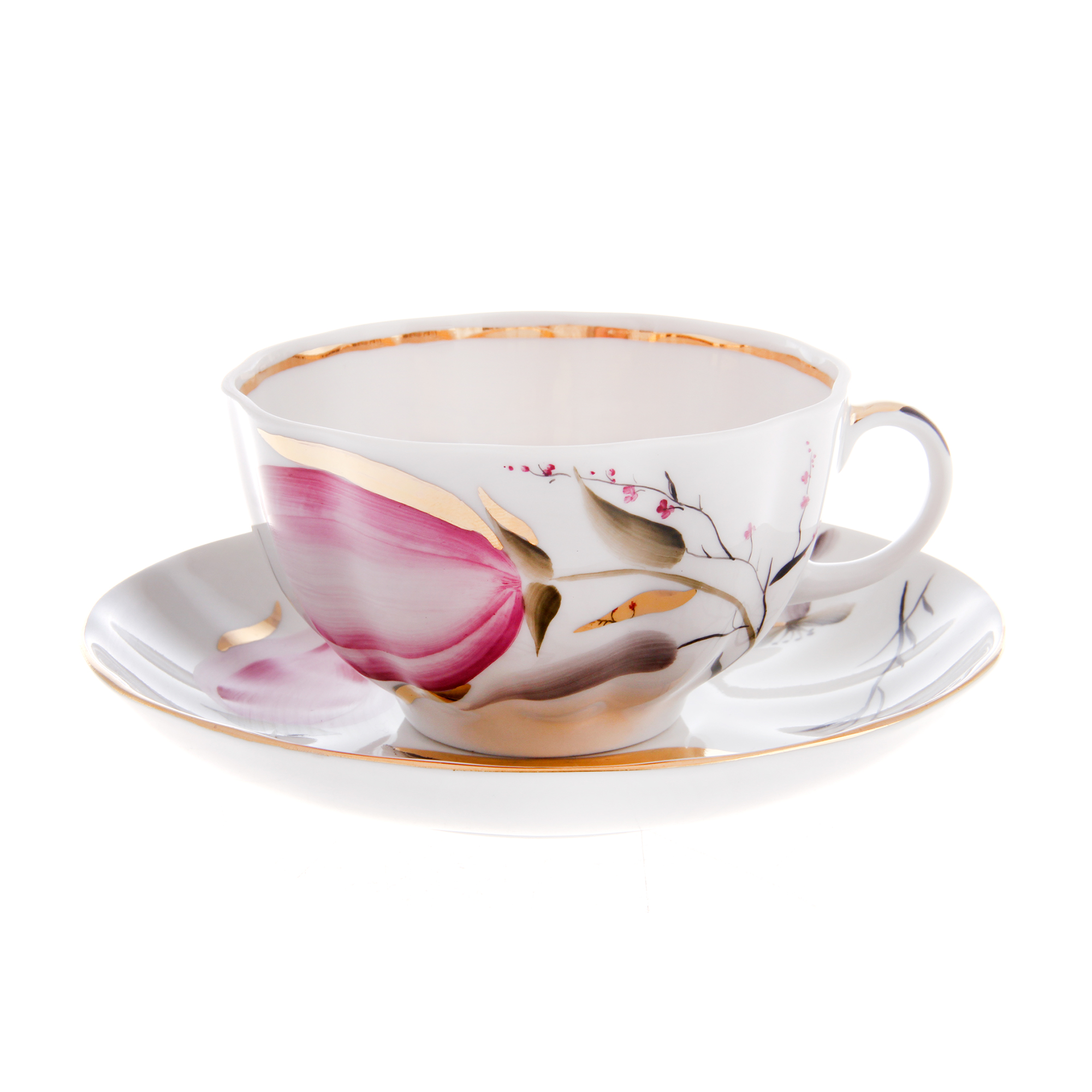 фото Чашка с блюдцем чайные, форма тюльпан - розовые тюльпаны лфз