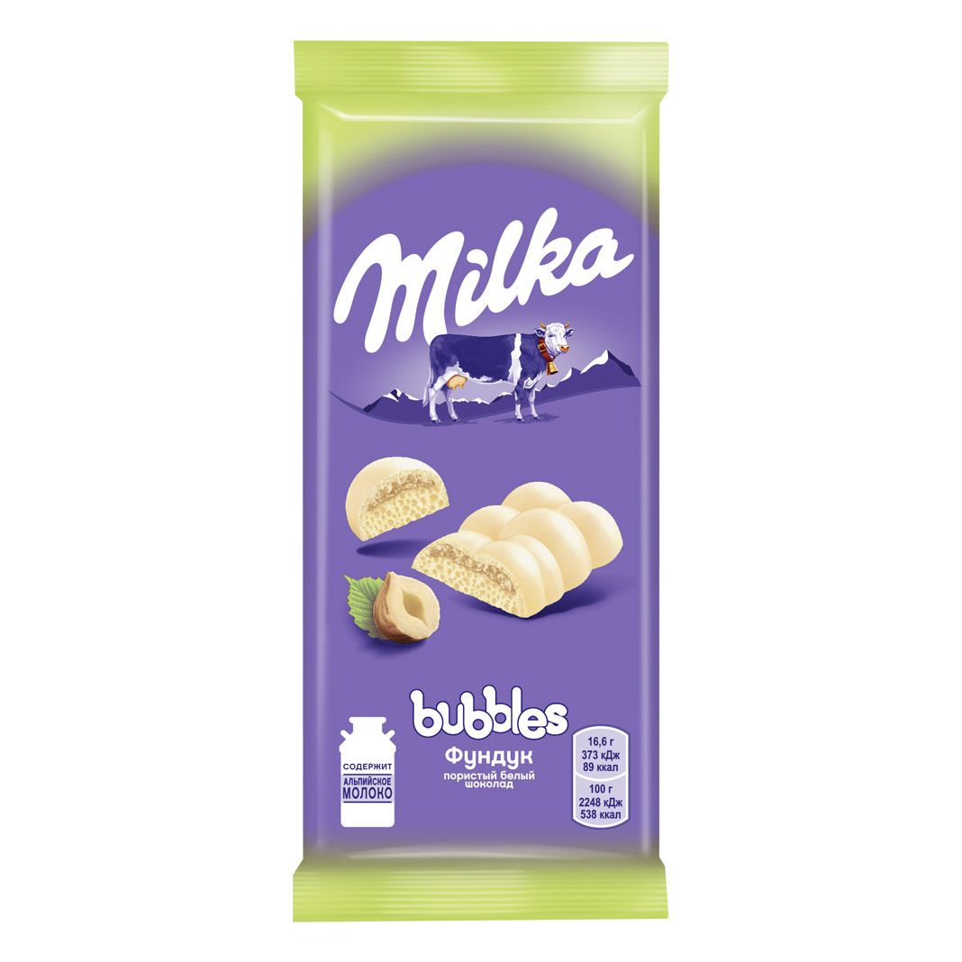 Шоколад Milka Bubbles пористый белый с фундуком 83 г