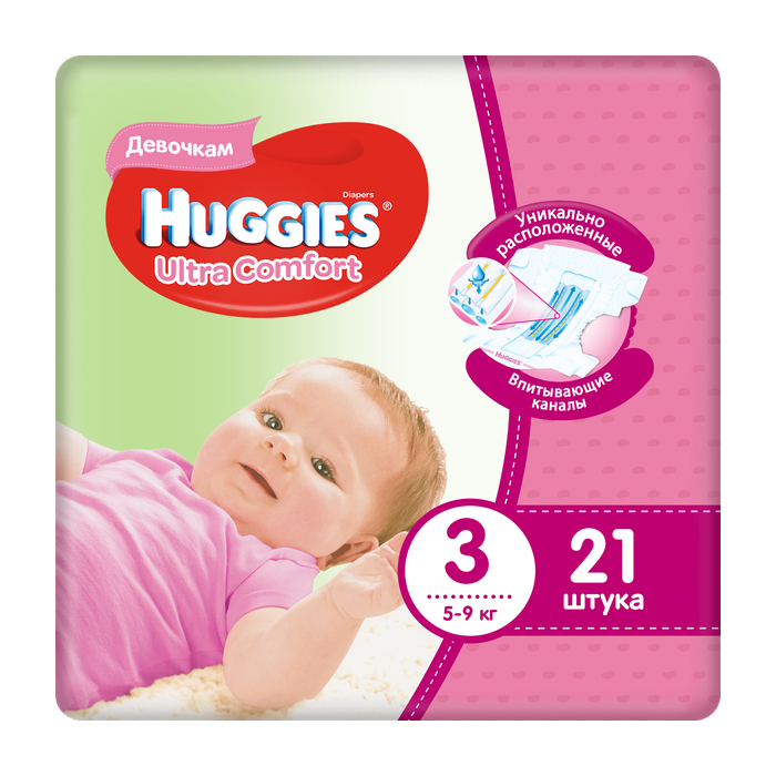 фото Подгузники huggies ultra comfort для девочек 3 (5-9 кг) 21 шт