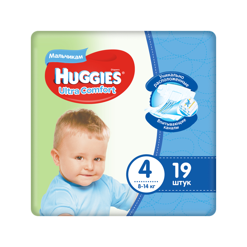 фото Подгузники huggies ultra comfort для мальчиков 4 (8-14 кг) 19 шт