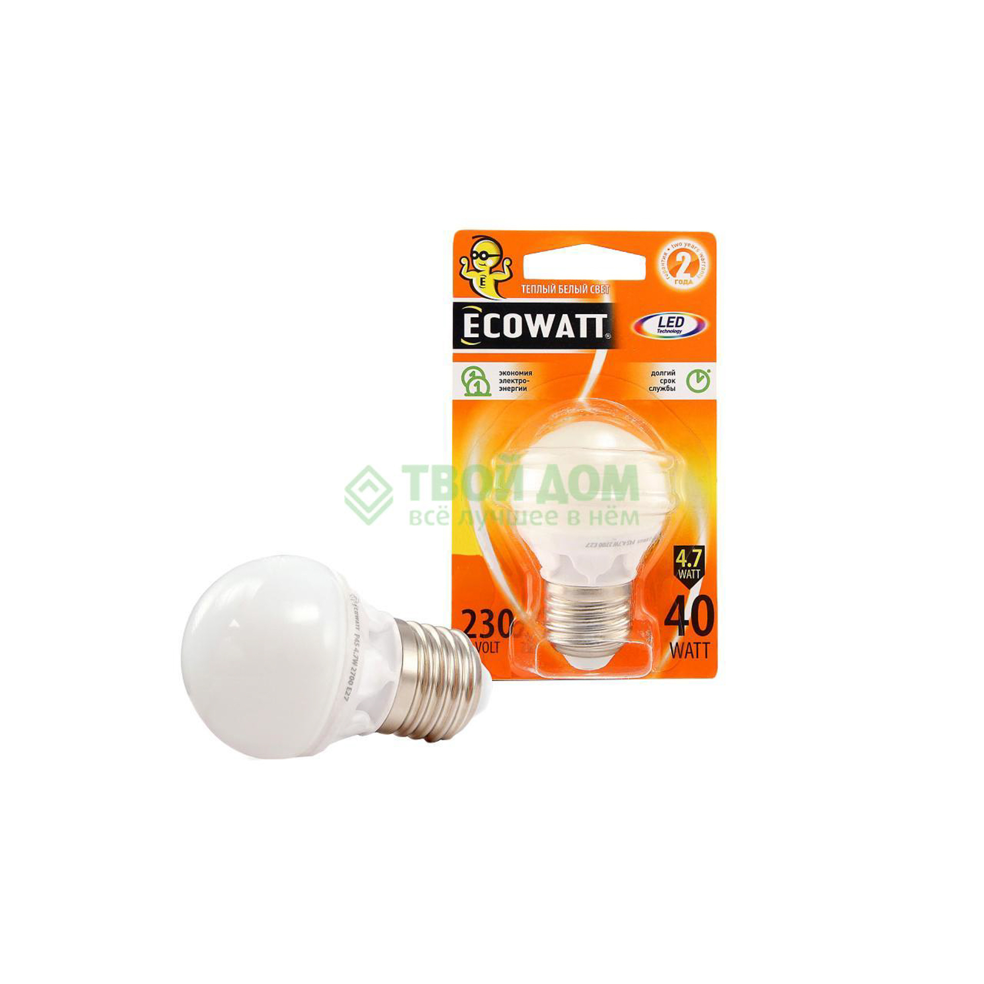 Лампочка Ecowatt P45 230В 4.7(40)W 2700K E27