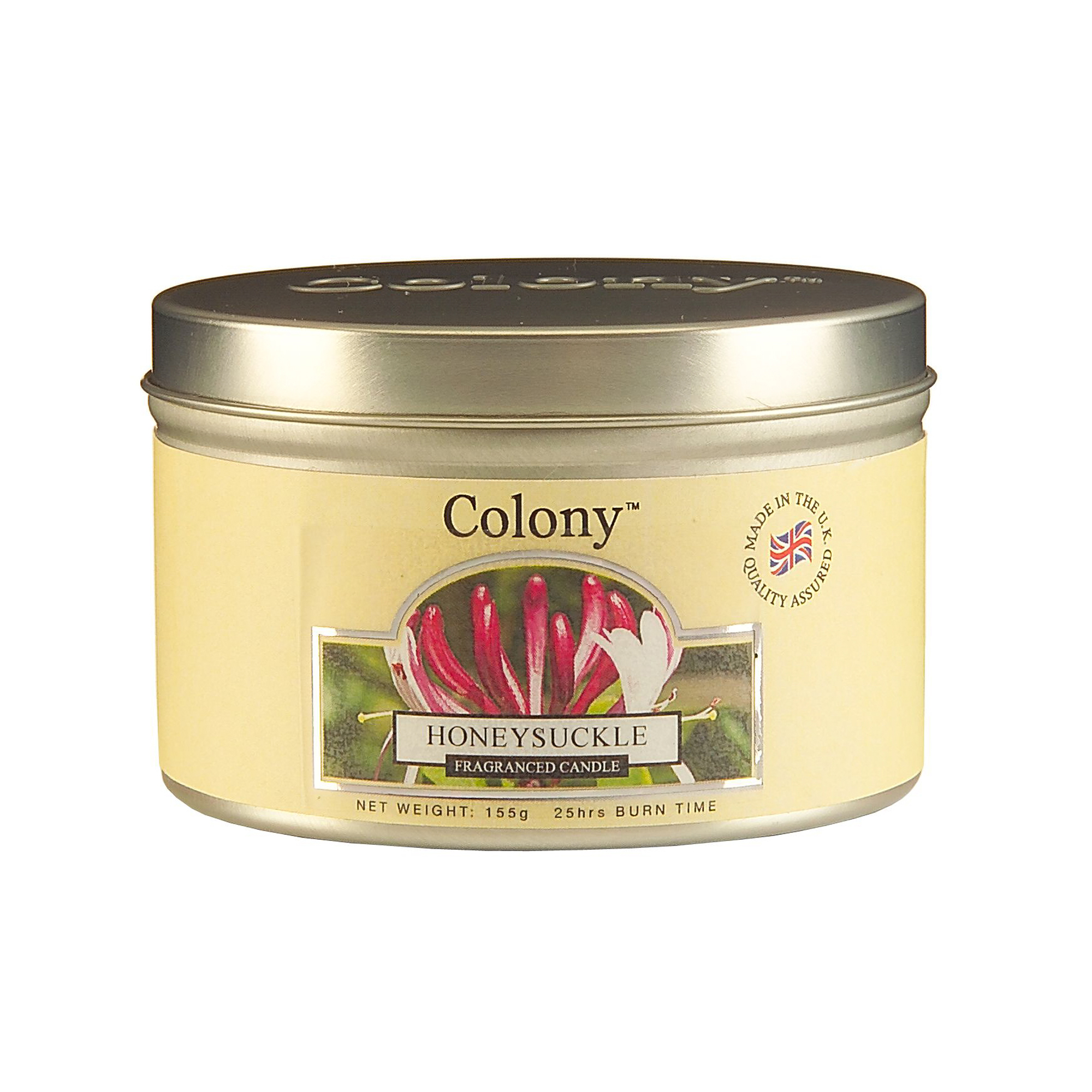 

Свеча ароматическая в жести Цветущая жимолость, Серебристый;желтый