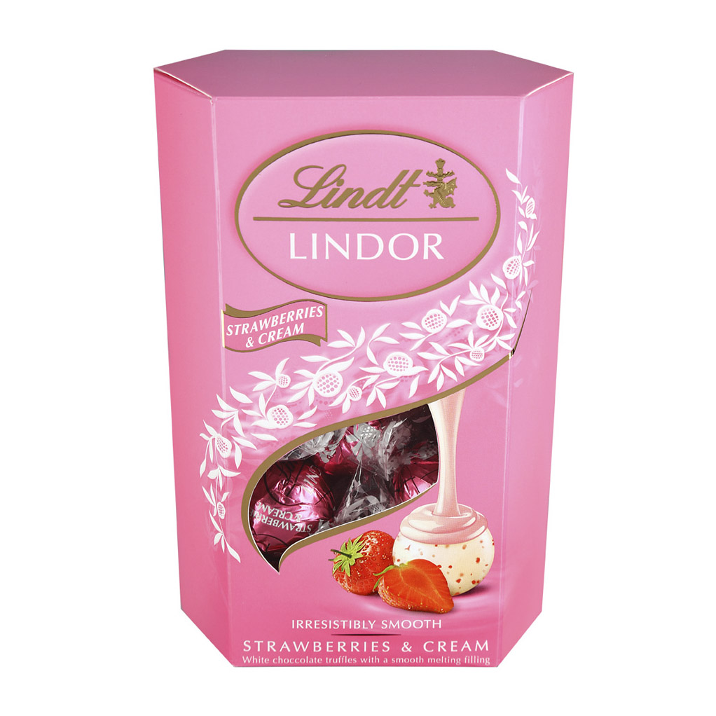 фото Конфеты lindt lindor из белого шоколада с нежной, тающей начинкой клубника и сливки 200 г