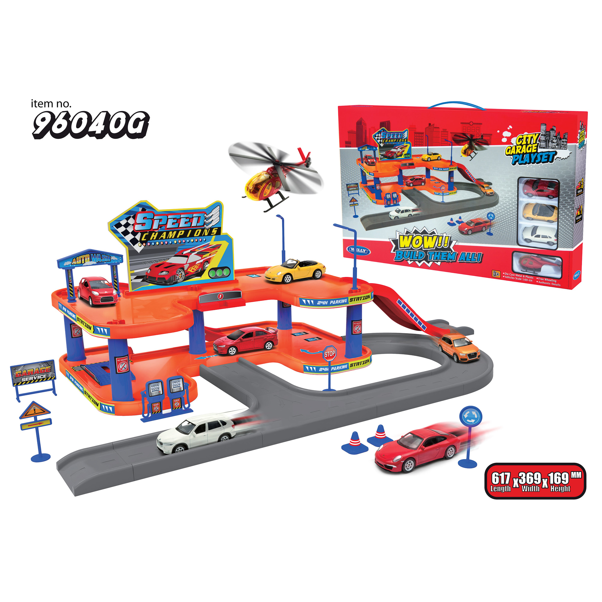 фото Игрушка игровой набор гараж, включает 4 машины и вертолет welly