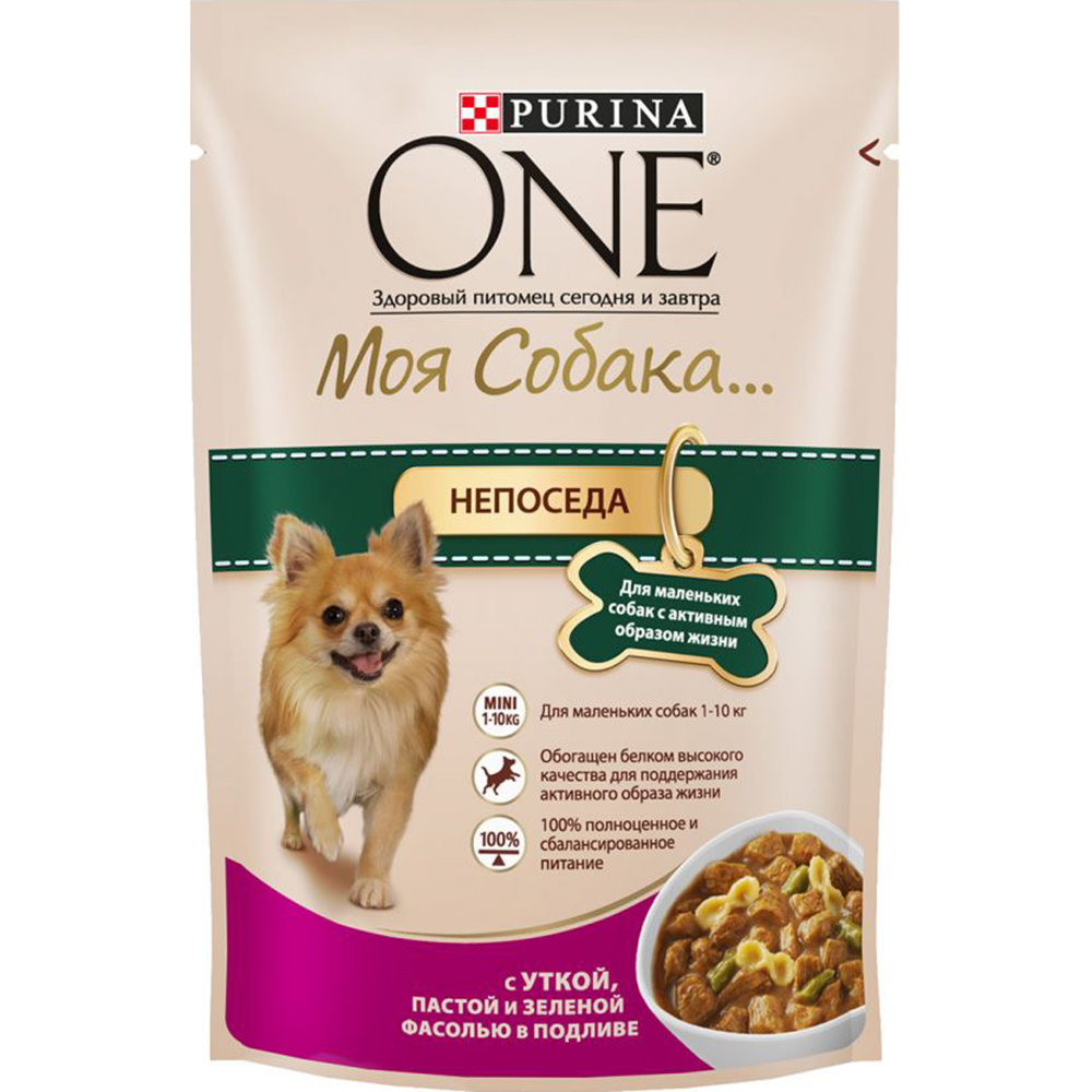 фото Корм для собак purina one моя собака с уткой, пастой и зеленой фасолью в подливе 100 г