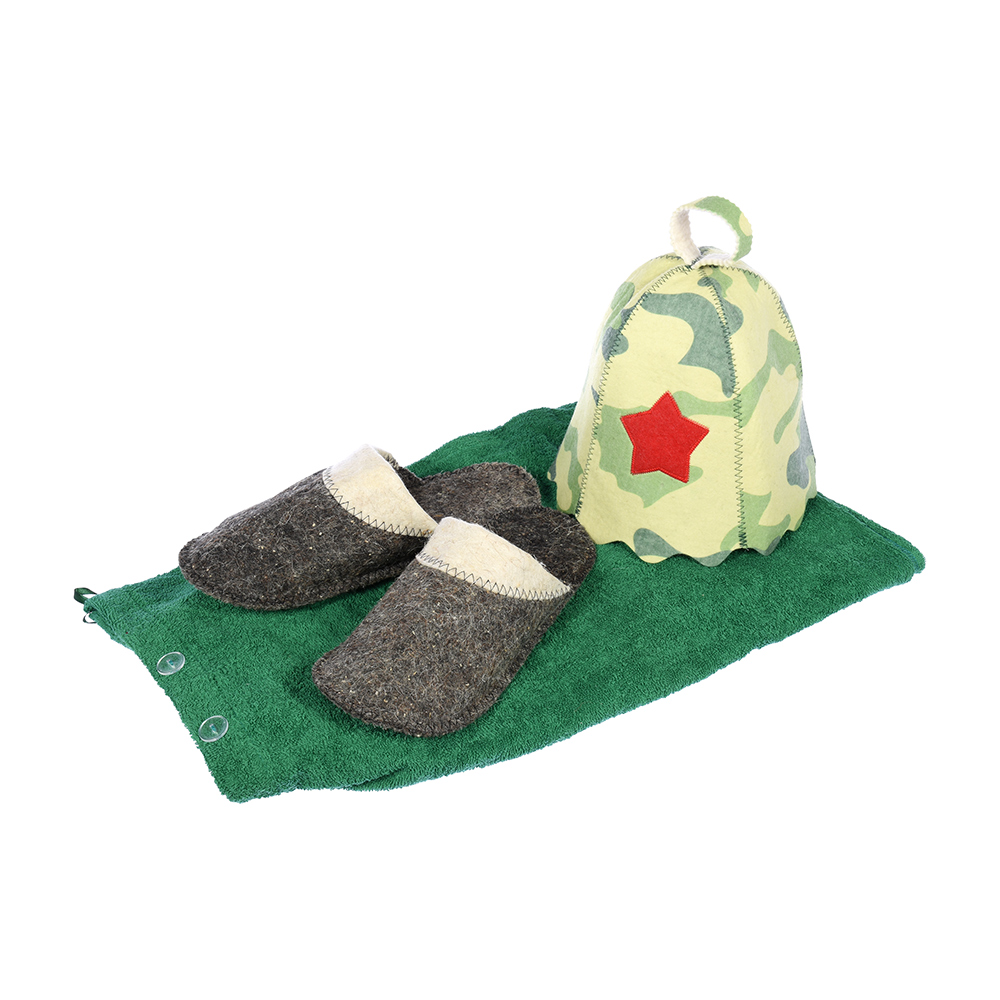 Подарочный набор 3 предмета в цветной картонной коробке (накидка д\бани и сауны муж., шапка Армейская, тапочки войлок) 