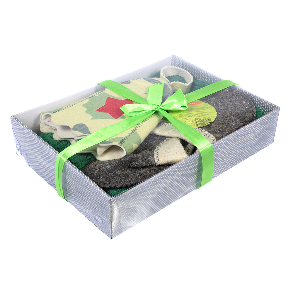 Подарочный набор 3 предмета в цветной картонной коробке (накидка д\бани и сауны муж., шапка Армейская, тапочки войлок) 