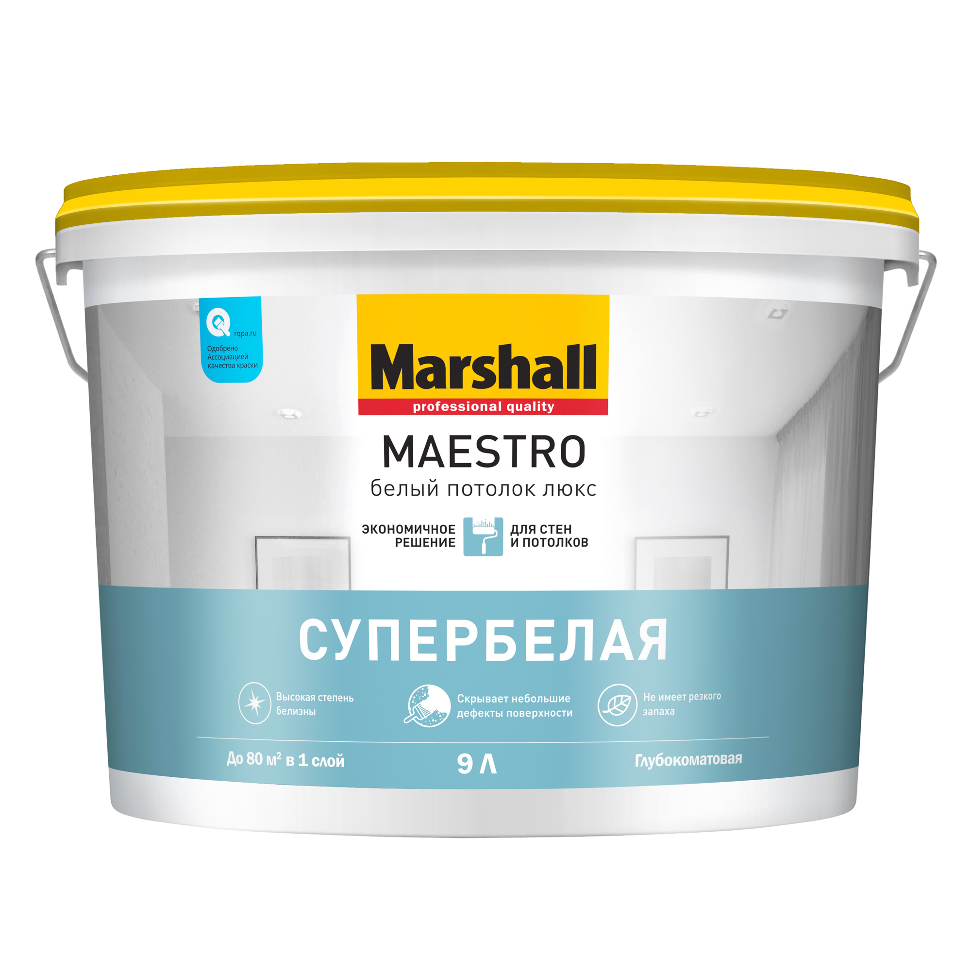 фото Краска водоэмульсионная marshall maestro "белый потолок люкс" белая матовая (9л) маршалл