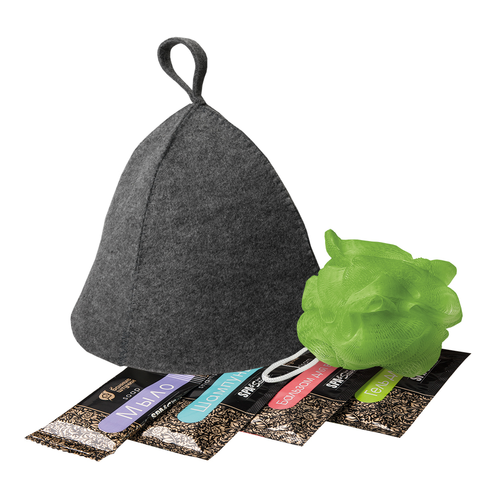 Подарочный набор 6 предметов в пакете ПВХ с крючком (шапка, мочалка, бальзам, шампунь, гель, мыло)  