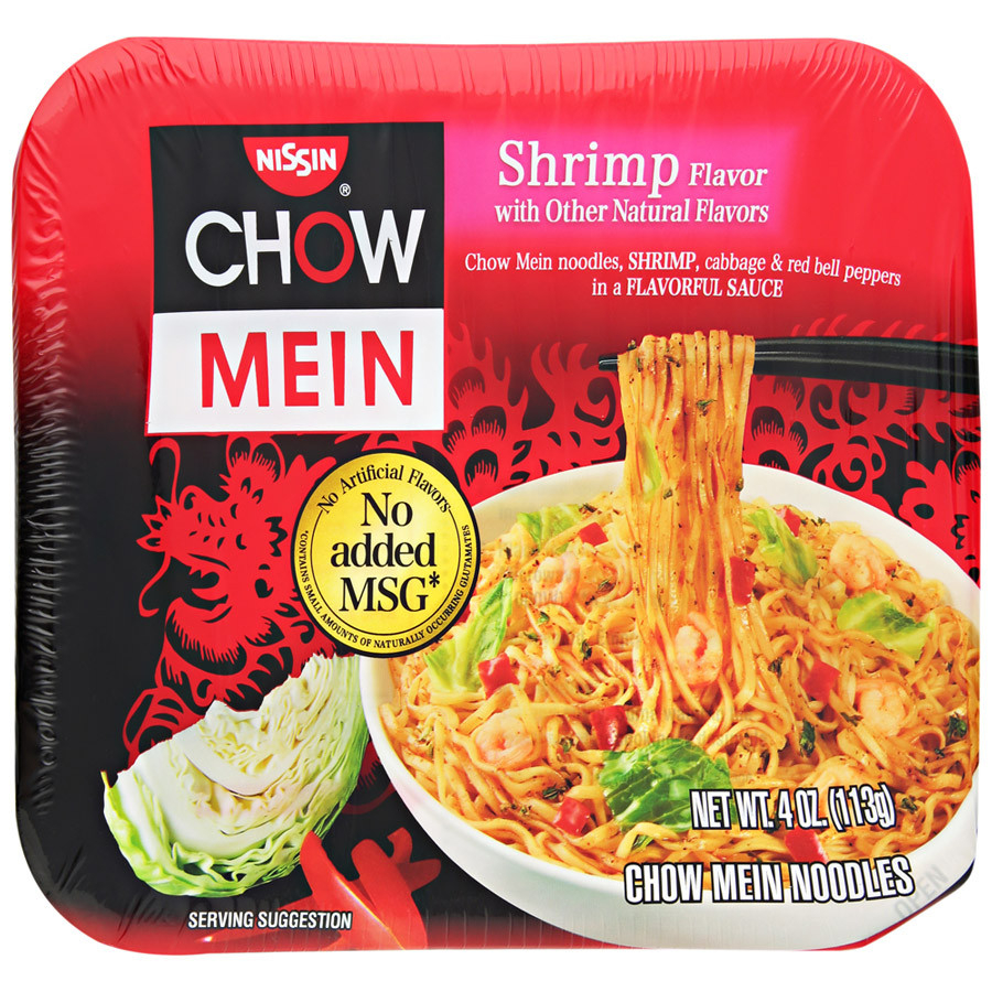 Лапша Nissin Premium Чау-Мейн быстрого приготовления с креветками чесноком специями и острым соусом, 113 г