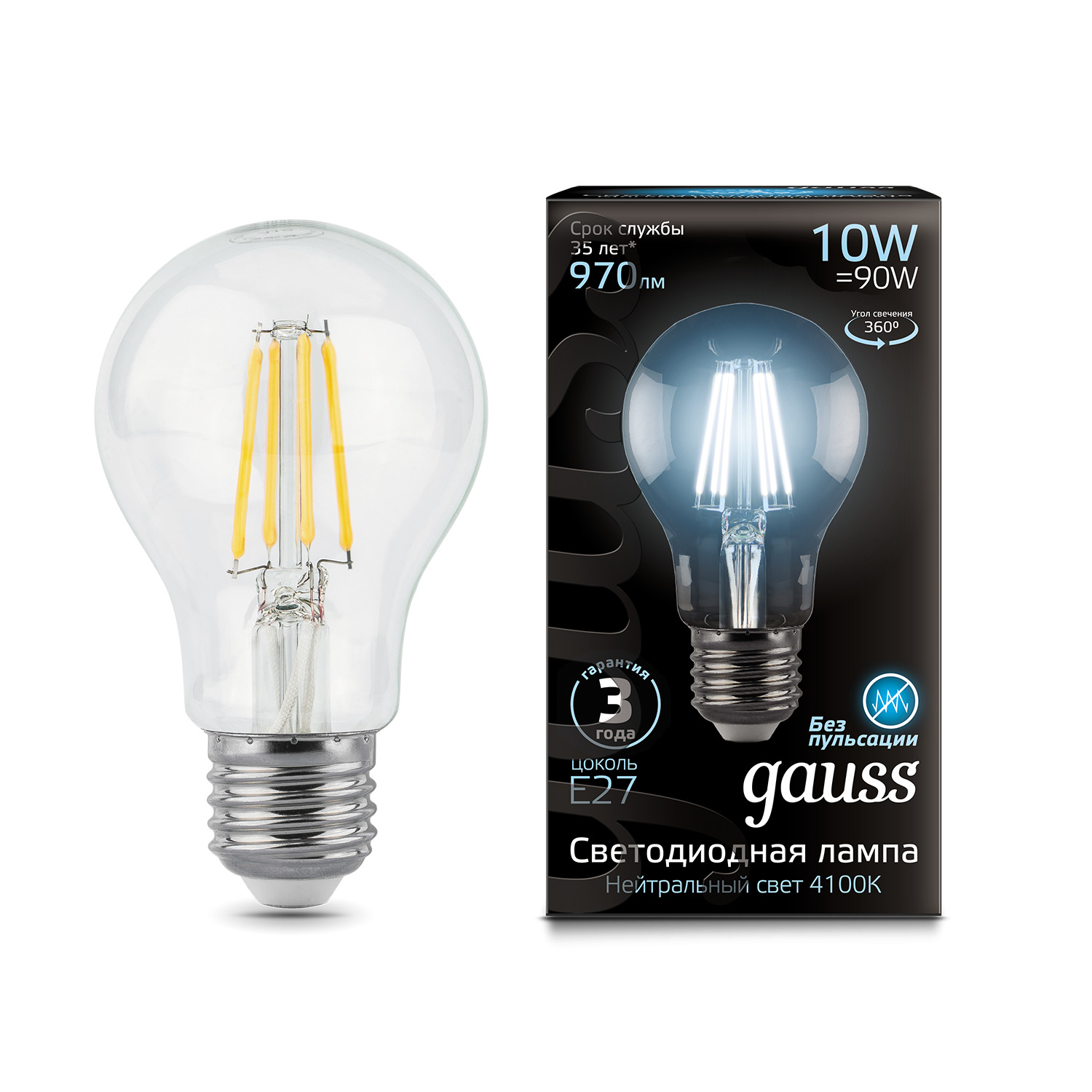 фото Лампа gauss led filament a60 e27 10w 970lm 4100к 1/10/40